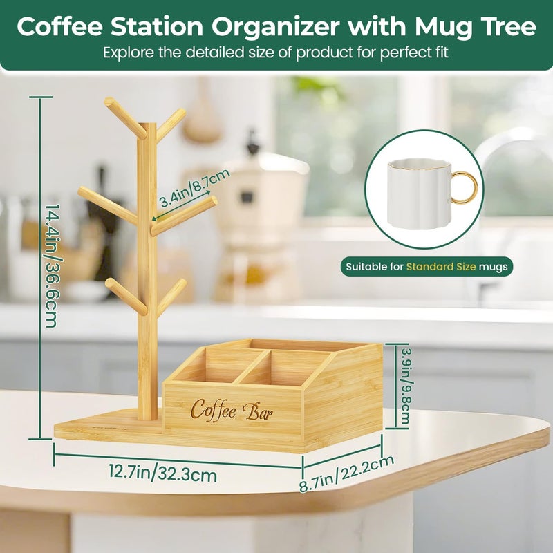 EsLuker.ly Mug Tree Holder Stand, Countertop Bamboo Coffee Cup Organizer Rack for Kitchen Office, Space-Saving Coffee Station Bar Organizer with 6 Hooks, Modern Design Enhances Decor - Image 2